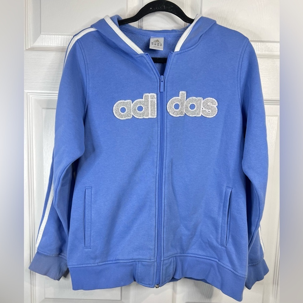 Adidas Women’s Blue & White Hooded Zippered Sweatshirt/Hoodie, Size Large